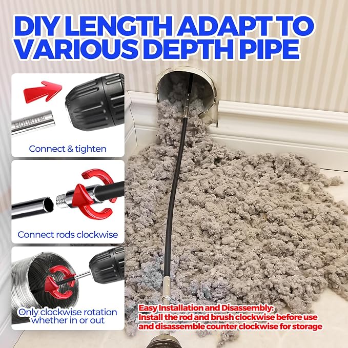 Holikme 30 Feet Dryer Vent Cleaner Kit, Flexible Lint Brush with Drill Attachment, Fireplace Chimney Brushes Extends Up to 30 Feet for Easy Cleaning, Use with or Without a Power Drill, Black