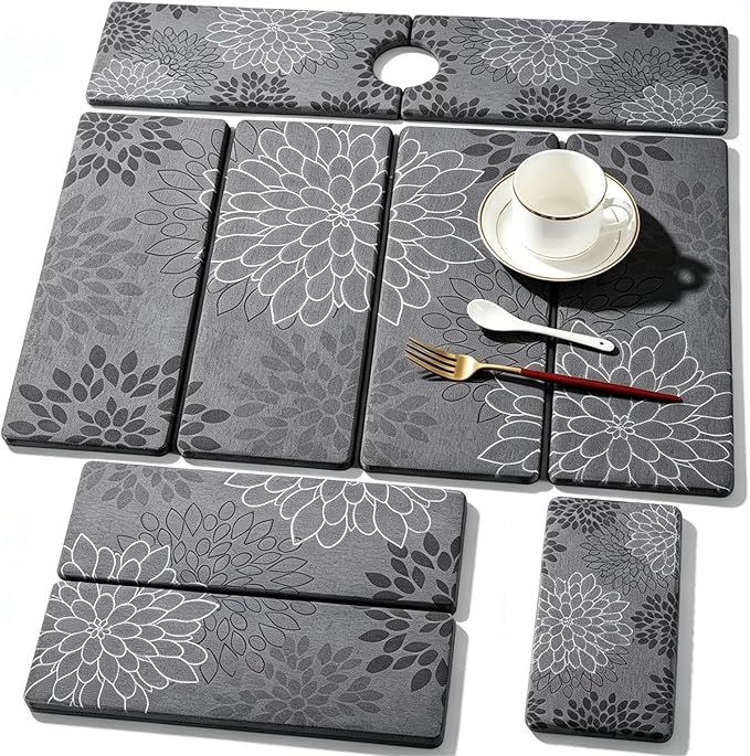 3 PCS Large Stone Dish Drying Mat for Kitchen Counter, Quick Dry Stone Dishes Mats Cup Coasters, Sink Faucet Mat, Water Absorbing Diatomaceous Earth Drying Pad for Countertop Tableware, Bottles