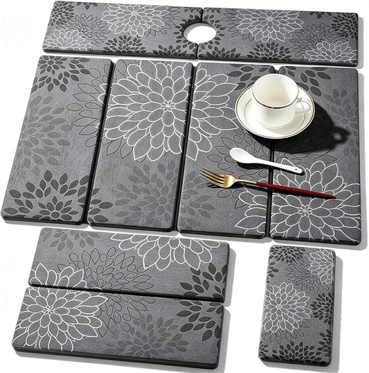 3 PCS Large Stone Dish Drying Mat for Kitchen Counter, Quick Dry Stone Dishes Mats Cup Coasters, Sink Faucet Mat, Water Absorbing Diatomaceous Earth Drying Pad for Countertop Tableware, Bottles