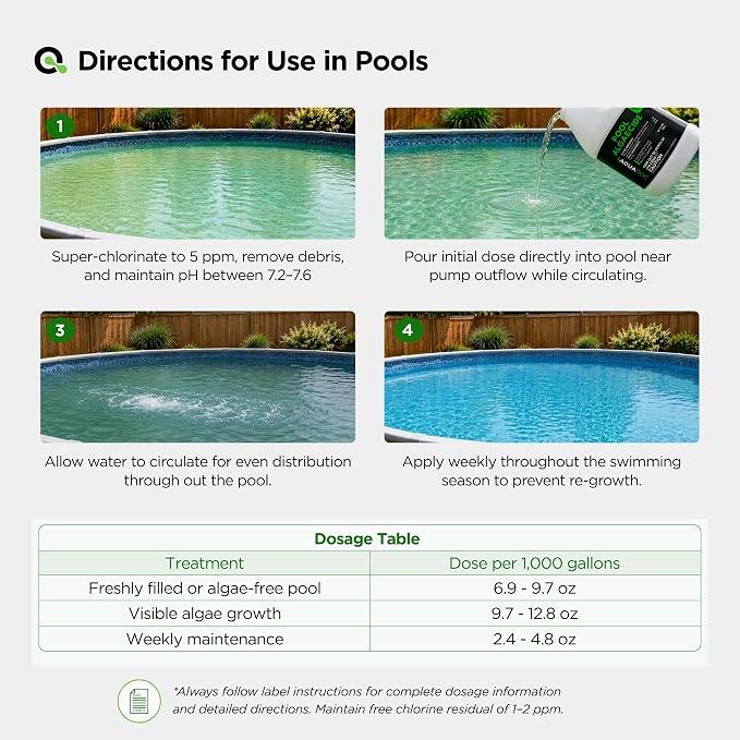 AquaDoc Liquid Algaecide for Swimming Pools - 64 oz - Treats Up to 5,000 Gallons - Non-Foaming, Copper-Free Formula for Pool Algae Control with Built-in Clarifier - Made in USA