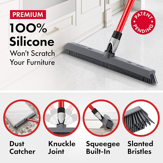Tyroler 2-in-1 Silicone Broom & Floor Squeegee | 100% Silicone Head 16.1" | Anti-Rust 4-Piece Handle | Perfect Pet Hair Removal Rubber broom for Patio, Floors, Rugs, Carpet Rake, Decks, Indoor/Outdoor