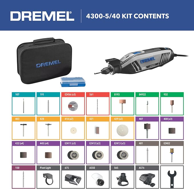 Dremel 4300-5/40 Rotary Tool Kit with LED Light - 5 Attachments & 40 Accessories - Ideal for Grinding, Cutting, Wood Carving, Sanding, and Engraving