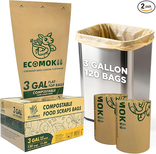 EcoMokii Compostable Trash Bags 3 Gallon, 120 Count, Extra Thick 0.8 Mil Small Compost Bags for Kitchen Countertop Bin, Unscent Food Scrap Bag Certified by BPI & OK Compost Home