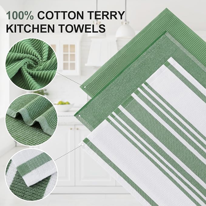 Homaxy Premium Kitchen Towels(18”x 28”, 12 Pack), Large Cotton 380 GSM Kitchen Hand Towels, Soft and Absorbent Terry Dish Towels, Multipurpose Tea Towel Set with Hanging Loop, Grass Green