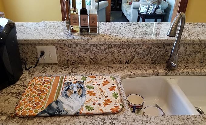 Caroline's Treasures Blue Merle Collie Heirloom Fall Dish Drying Mat Absorbent Dish Drying Mat Pad for Kitchen Counter Dish Drainer Mat for Countertop, 14 x 21", Multicolor