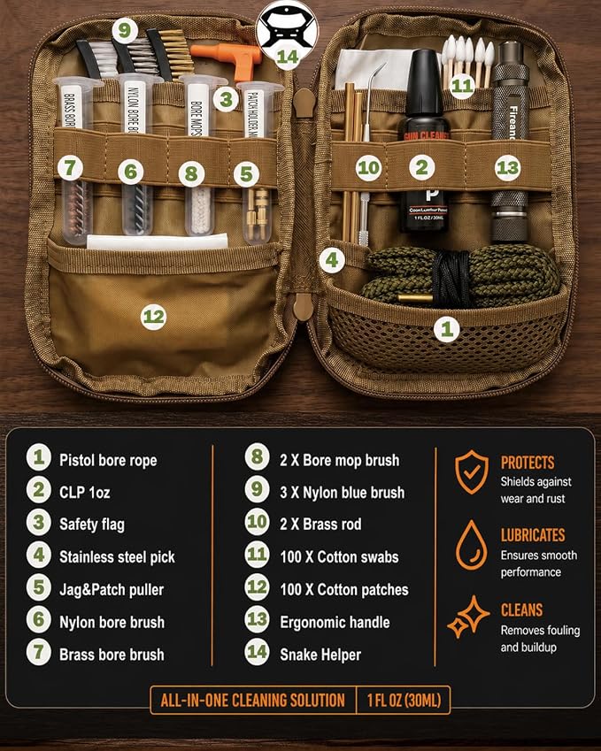 9mm Pistol Basics Single-Caliber Cleaning Kit, Handgun Cleaning kit for .357 .38 with 9mm Gun Snakes in Molle Pouch