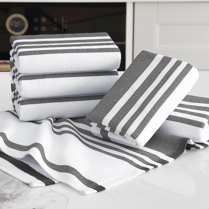 Homaxy Premium Kitchen Towels 18”x 28”, Large Cotton 380 GSM Kitchen Hand Towels, Stripe and Terry Dish Towel, Highly Absorbent Tea Towel Set with Hanging Loop, 3 Pack, Black