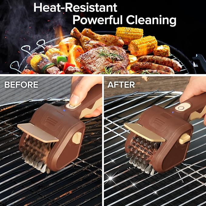 Electric Grill Brush for Outdoor Grill, Cordless Electric Grill Cleaner, Rechargeable Grill Cleaning Stainless Steel Brush, Grill Scraper, BBQ Accessories Brown