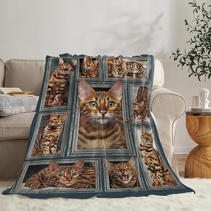 Tijuboni Bengal Cat Throw Blanket Cat Gifts for Girls Boys Women Men Kids Adults Soft Flannel Fleece Blanket for Couch Sofa Bed Home Decor 60"x80"
