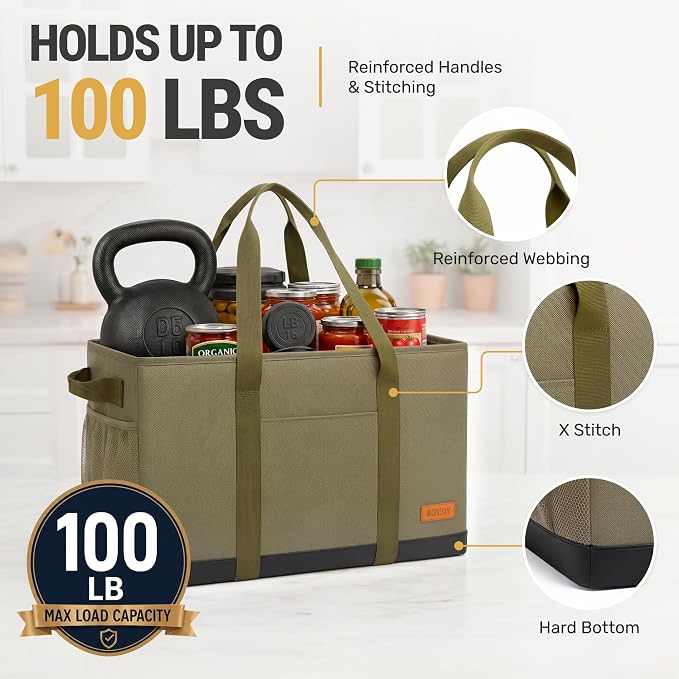 WONDAY Extra Large Utility Tote Bag - Standing Reusable Grocery Bag with Handle, Collapsible Storage for Shopping, Beach