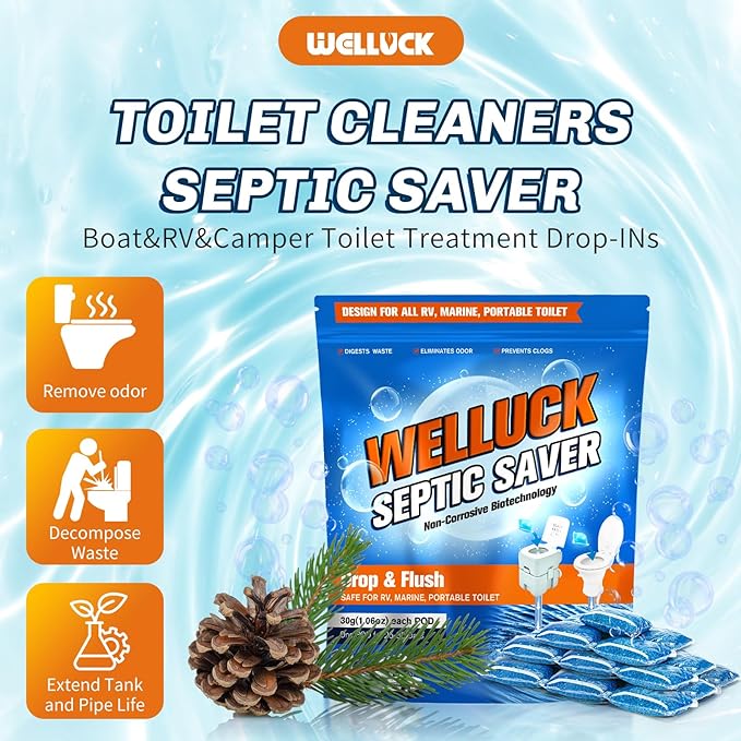 WELLUCK 50 Packs RV Black Tank Treatment Drop Ins, Black Tank Deodorizer for RV, Camping Tank Cleaners Chemicals, MAX Supplement kit for 50 Week, Pine & Cinnamon Scent (Pine&Cinnamon)