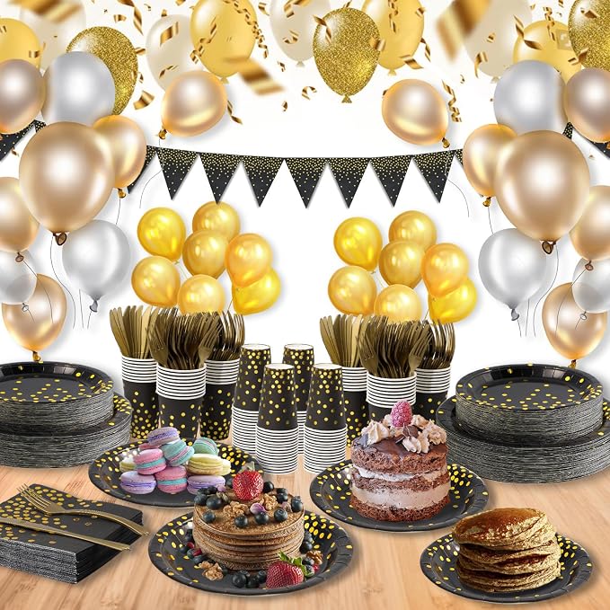 Black and Gold Party Supplies 145PCS Party Dinnerware Decoration Paper Plates, Napkins, Knives, Forks, Cups, Banner, for 2026 New Year Eve, Birthday, Celebrations, Serves 24