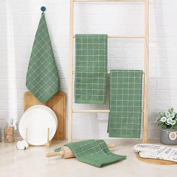 Homaxy 100% Cotton Terry Kitchen Towels(Grass Green, 13 x 28 inches), Checkered Designed, Soft and Super Absorbent Dish Towels, 24 Pack