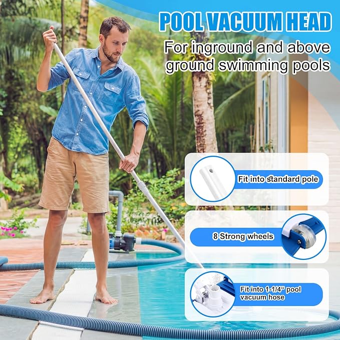 4 Pcs Swimming Pool Cleaning Kit Including Pool Vacuum Head with 1-1/2" x 30 ft Hoses Flexible Head with Bristles Wheel and White Pole 14 '' Cleaning Brush for Inground Above Ground Cleaner