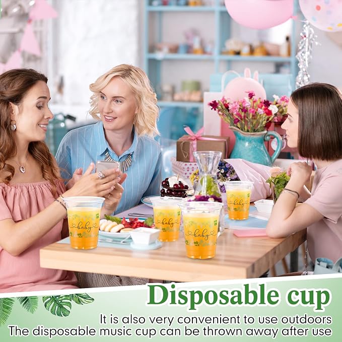Jingmore 100 Pcs Sage Eucalyptus Baby Shower Plastic Cups 12oz Sage Greenery Disposable Clear Plastic Drinking Cups Bulk for Wedding Bridal Baby Shower Birthday Party Decorations Supplies