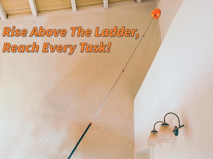 24 Foot High Reach Duster Kit with 5-18 ft Extension Pole // High Ceiling Dusting and Window Cleaning Kit with Telescopic Pole // Baseboard and Wall Washer Mop, Squeegee, Fan Blade & Cobweb Dusters