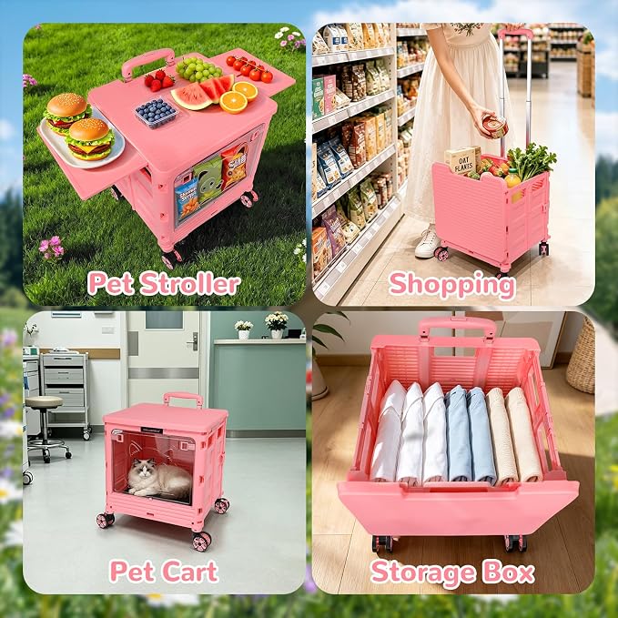 FELICON SELORSS Folding Utility Cart Portable Rolling Crate Handcart on Rotate Wheels with Magnetic Sliding Lid Telescoping Handle Lockable Transparent Front Panel for Travel Shop Office Teacher(Pink)