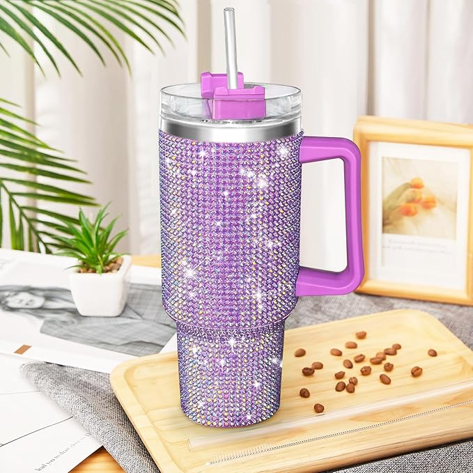 HWISDMIG 40oz Tumbler with Handle-Glitter Rhinestones Tumbler Bling Cups Stainless Steel Water Bottle Diamond Studded Tumbler for Women-Birthday Gifts for Women, Mom, Wife, Girlfriend (40 oz,Lilac)
