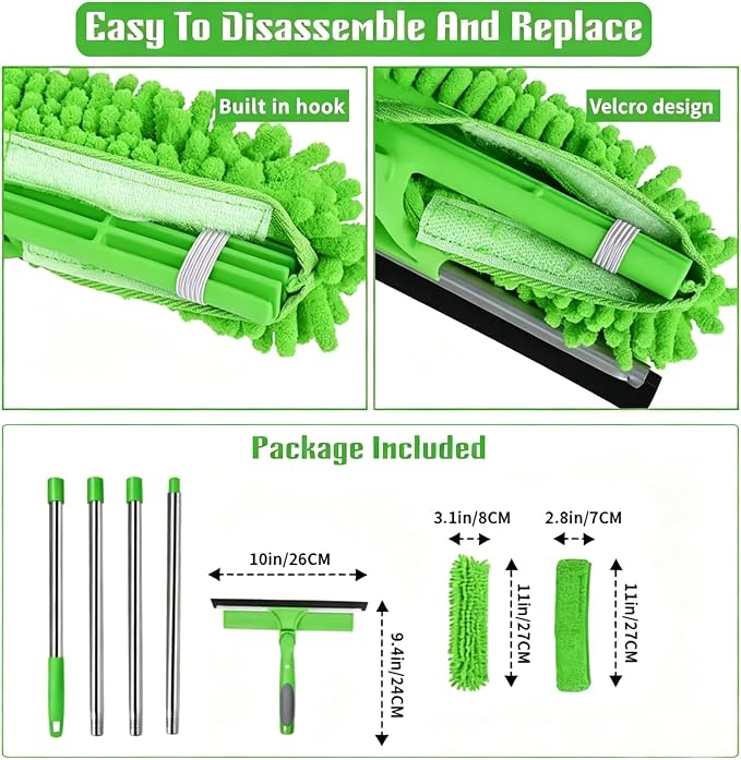 68'' Window Squeegee Cleaner Kit - 2-in-1 Rotatable Window Cleaning Tool with Extension Pole, Professional Streak-Free Squeegee with Bendable Head for Indoor/Outdoor Windows Car Glass (Green, 38.45FT)