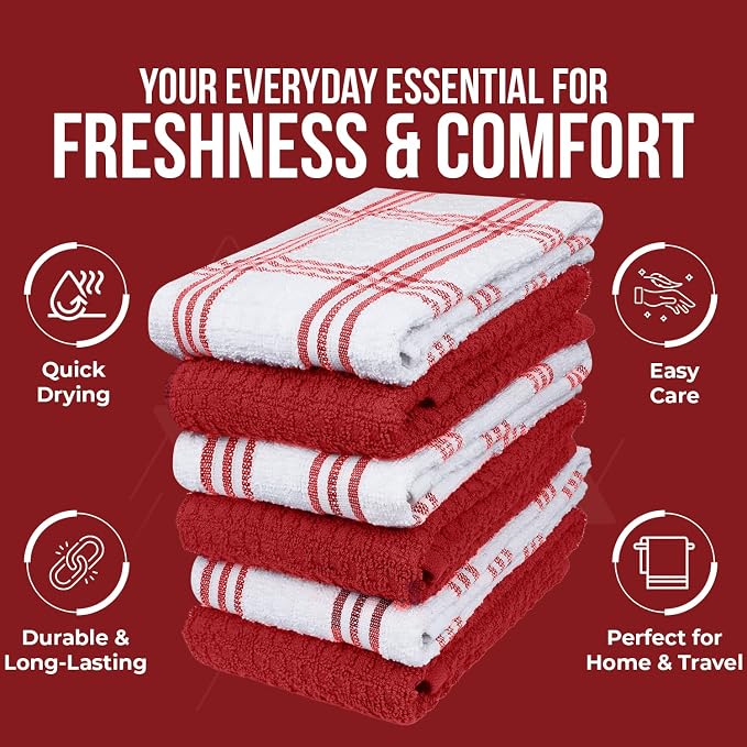 DAN RIVER Premium Red Kitchen Towels - [Pack of 6] 100% Cotton (16x 26 Inches) -Super Soft, Highly Absorbent Hand Towels, Quick Dry, Dish Towels, Tea and Bar Towels Set