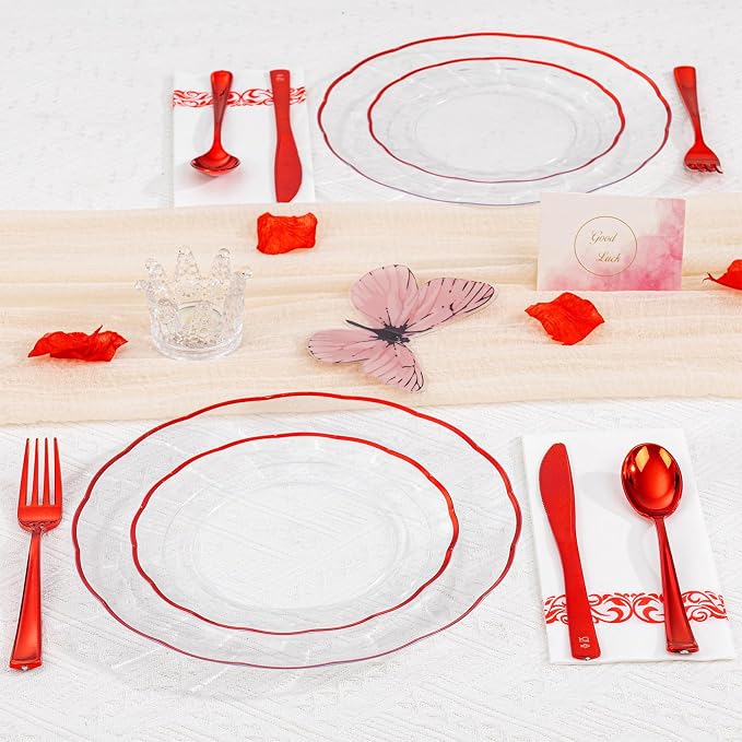 LIYH 350 Pcs Red Plastic Dinnerware Set for 50 Guests, Clear Disposable Plastic Plates with Red Rim Include: Dinner & Dessert Plates, Napkins, Cups, Silverware for Party Birthday