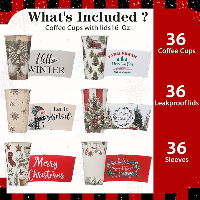 36 Sets/ 108 Pcs Christmas Tree Paper Cups 16 oz Disposable Coffee Cups with Lids and Sleeves Xmas Hot Cocoa Coffee Mug for Cold Drinks Hot Chocolate Christmas Party Supplies