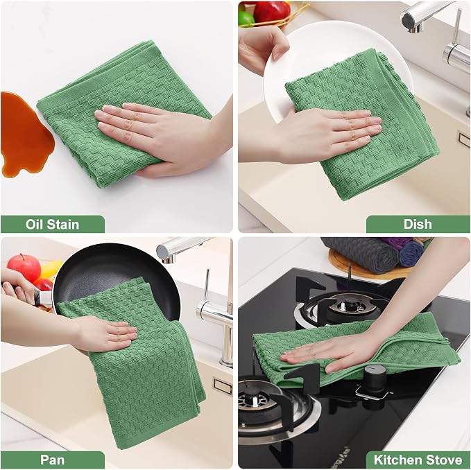 Homaxy 100% Cotton Terry Kitchen Towels(15" x 25", 4 Pack), Soft and Super Absorbent Dish Towels, 380 GSM Reusable Tea Towel with Hanging Loop, Pineapple Grid Designed, Grass Green