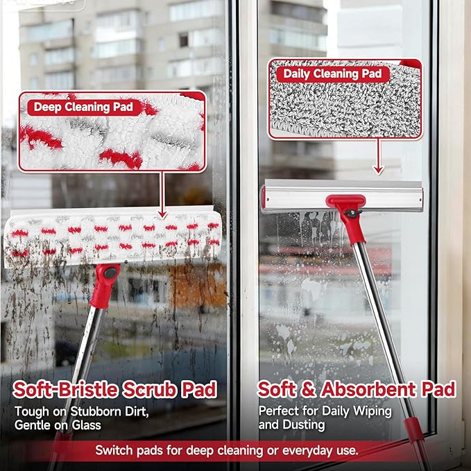 86.6" Window Squeegee Cleaner Tool, 2-in-1 Rotatable Window Washing Kit with Extension Pole & Bendable Head, Professional Glass Cleaning Equipment for High Indoor/Outdoor Windows & Car