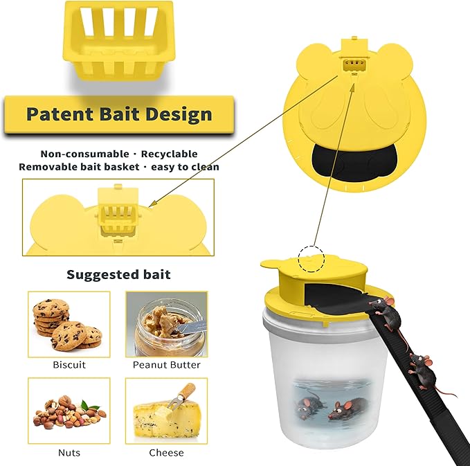 2 Packs Mouse Trap Bucket,Automatic Reset Flip Mouse Traps, Humane Rat Traps Indoor &Outdoor Use,5 Gallon Bucket Compatible,Reusable Mice Catching Tool (2 Packs, Yellow)