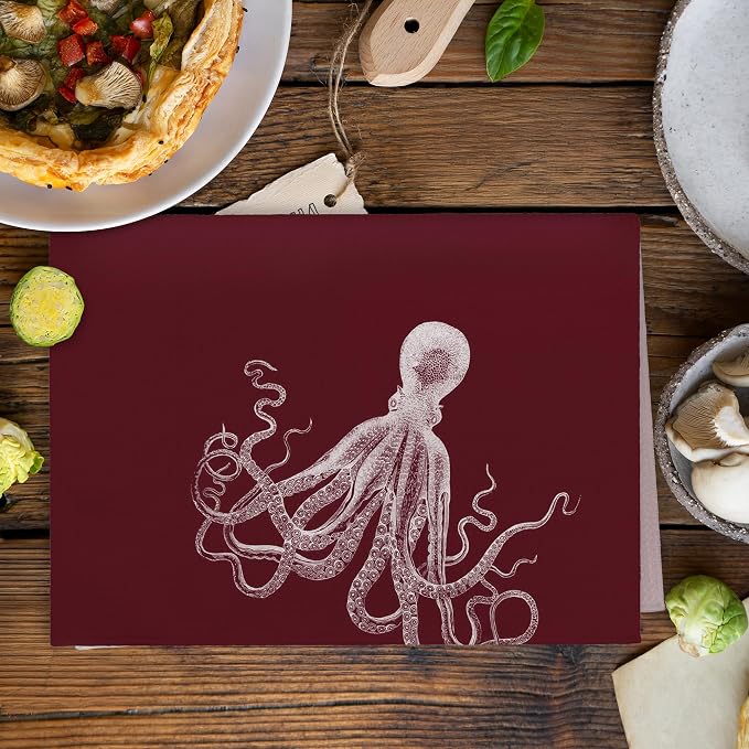 Coastal Red Octopus Beach Decor Dish Hand Tea Towels for Bathroom Kitchen, Octopus Ocean Nautical Beachy Bathroom Decor, Coastal Nautical Kitchen Towels and Dishcloths Sets of 2, 16x24 Inches