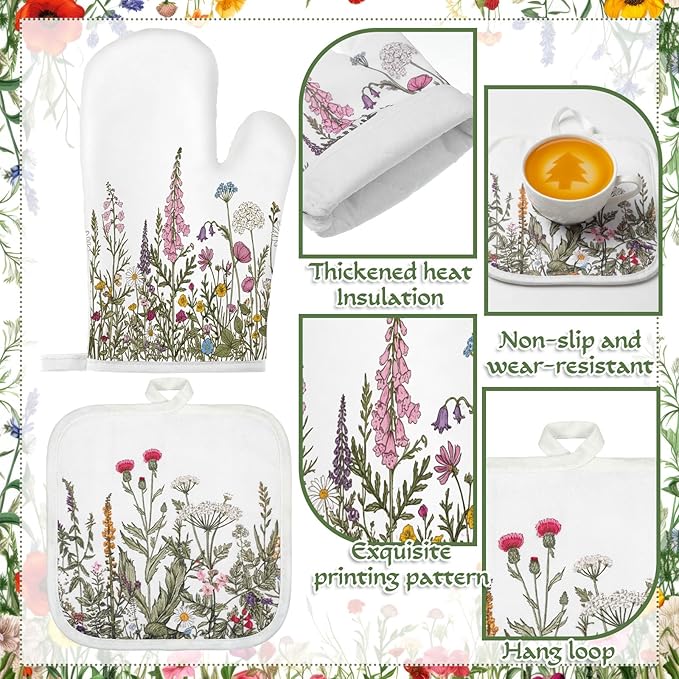 Fanfanwin 10 Pcs Wildflower Kitchen Decor Set Floral Kitchen Towels and Rugs Pot Holders Oven Mitts Spring Dishcloths Fast Drying Decorative Set for Baking Cooking Gift