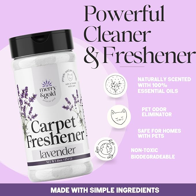 Merry & Gold Carpet Deodorizer & Freshener Powder | 16 oz (2 Pack) Lavender | Pet Odor Eliminator for Strong Odors & Pet Urine | Safe for Homes with Pets | Made in USA