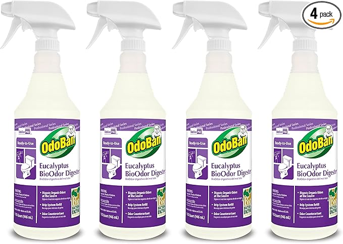 OdoBan Professional Cleaning Ready-to-Use BioOdor Digester Harsh Aroma Counteractant, Made in the USA, Eucalyptus Scent, 4-Pack, 32 Ounce Sprays Each