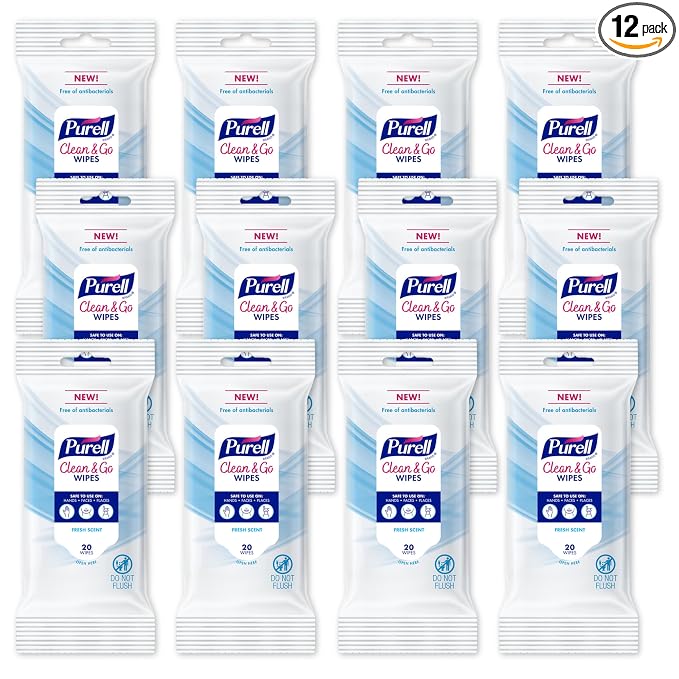 PURELL Clean & Go Cleaning Wipes, Skin and Surface, Fresh Scent, 20 Count Travel Pack (Pack of 12), 9269-12-CMR