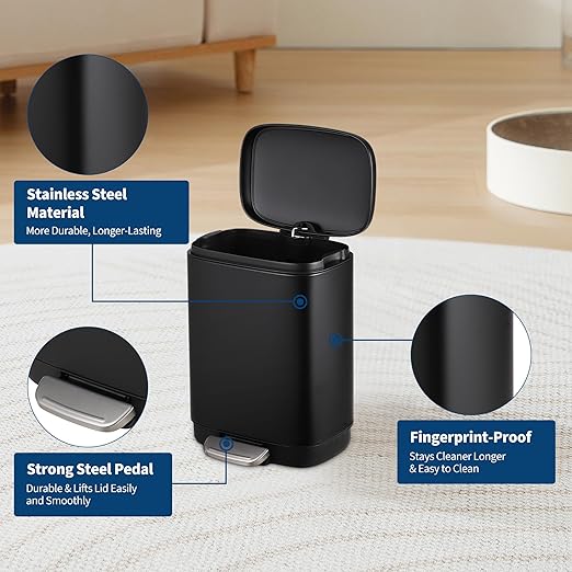 12L Bathroom Trash Can with Lid, Stainless Steel Kitchen Trash Can with Odor-Protective Lid | Hands-Free, with Foot Pedal and Trash Bag Ring, Removable Inner Bin, Suitable for Bathrooms, Black