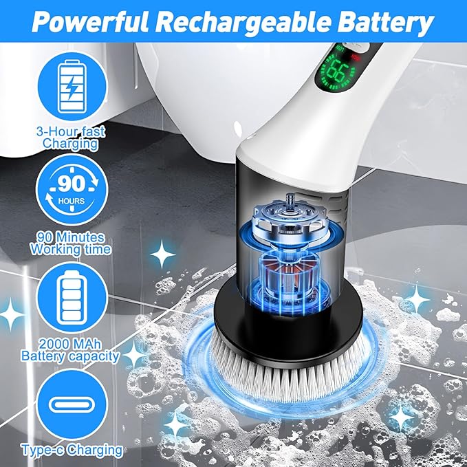 Weytoll Electric Spin Scrubber, IPX65 400/450rpm Electric Cleaning Brush Kit with Extendable Handle and 9 Interchangeable Heads Multifunctional Handheld Cordless Scrubber for Kitchen Bathroom