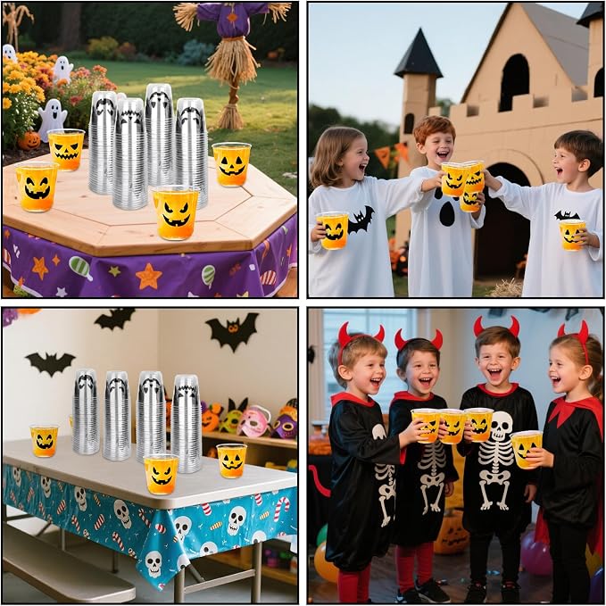 JarThenaAMCS 60Pcs Halloween Plastic Cups Spooky Pumpkin Face Disposable Clear Stemless Wine Cocktail Glasses 12 Oz PET Drinkware Cups Set for October Trick or Treat Birthday Party Supplies