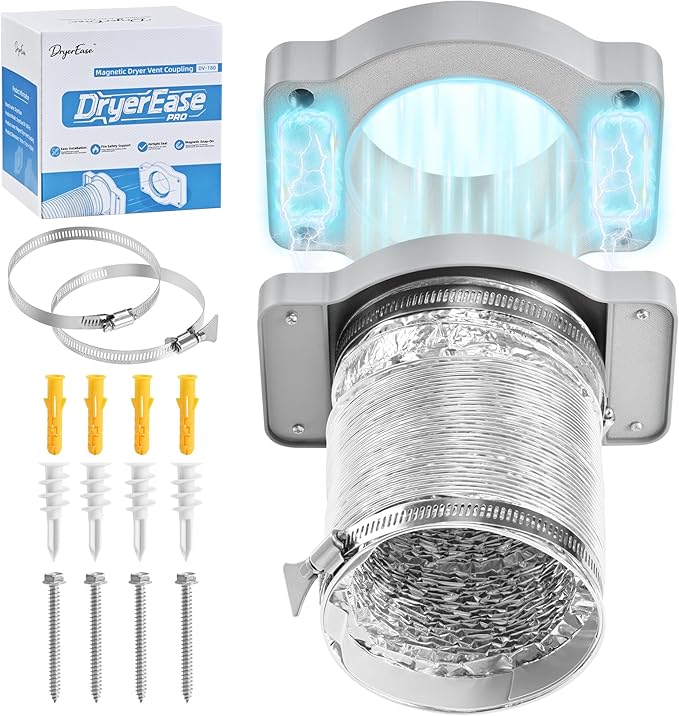 Magnetic Dryer Vent Coupling Connector Kit-DV180 Contractor-Grade Quick Connect for Tight Spaces Behind Dryer, Dual-Side Magnets, Airtight Seal, Easy to Clean, Includes 4" x 2.6ft Duct & 2 Clamps