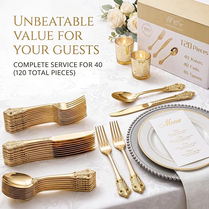 WDF 120PCS Gold Plastic Silverware - Heavy Duty Gold Plastic Cutlery Set Disposable Utensils - 40 Forks, 40 Spoons, 40 Knives, Perfect for Party Weeding Daily Use Baby Showe Spring