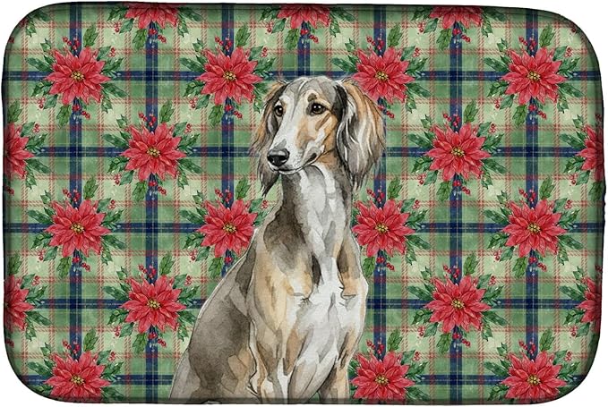 Caroline's Treasures Grizzle Saluki Christmas PoinsettIas Dish Drying Mat Absorbent Dish Drying Mat Pad for Kitchen Counter Dish Drainer Mat for Countertop, 14 x 21", Multicolor