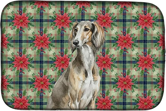 Caroline's Treasures Grizzle Saluki Christmas PoinsettIas Dish Drying Mat Absorbent Dish Drying Mat Pad for Kitchen Counter Dish Drainer Mat for Countertop, 14 x 21", Multicolor
