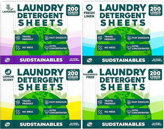 100 Sheets Laundry Detergent Bundle Fresh Linen, Lavender, Unscented, and Lemon