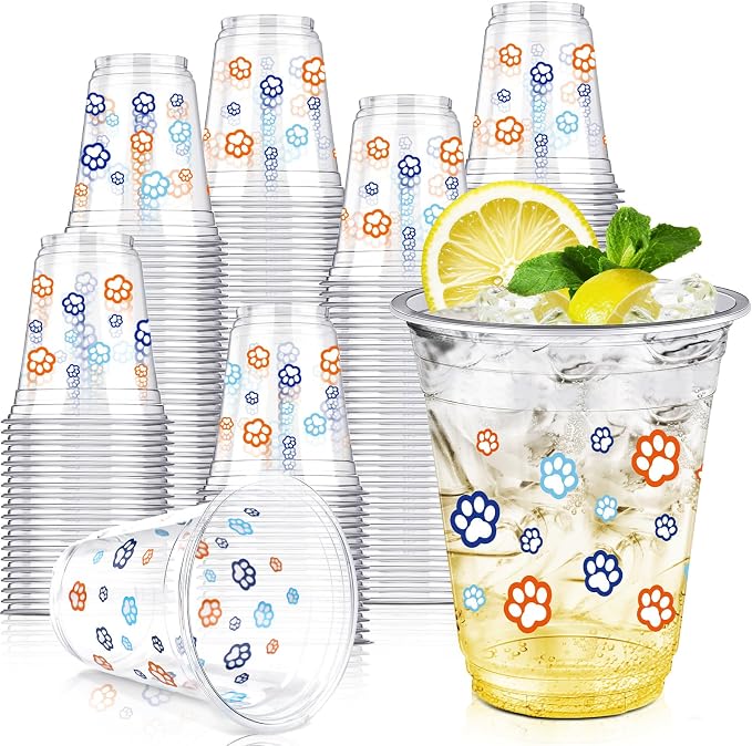 Uiifan 50 Pcs Blue Dog Paw Plastic Cups Paw Print Birthday Party Supplies 12 oz Disposable Plastic Puppy Cups Cartoon Blue Orange Party Decorations for Patter Hot Cold Drinking Ice Coffee