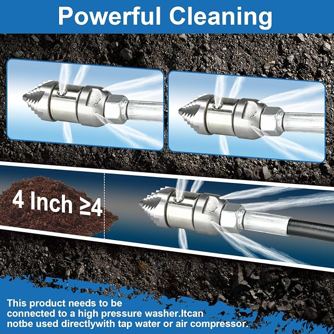 3/8 npt Sewer Jetter Nozzle for 2900 PSI, 40 L/min Pressure Washer - Stainless Steel, 360°Quickly Rotating for Municipal Drain Pipe Cleaning(Small Size)