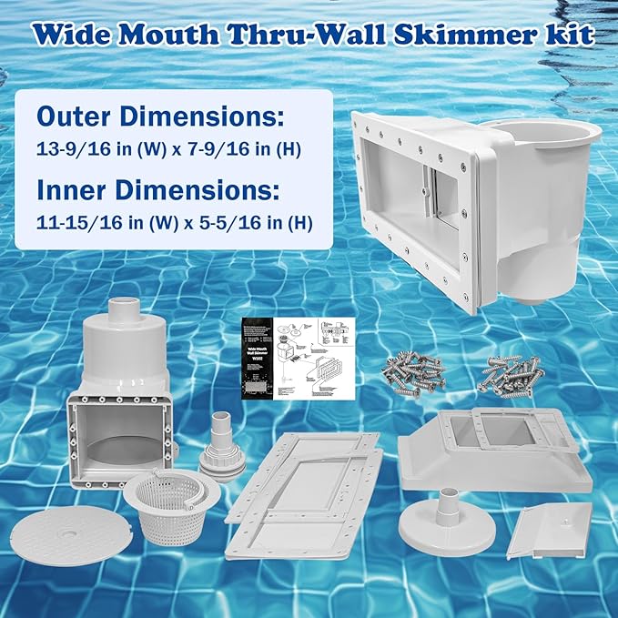 Above Ground Pool Skimmer Kit- Wide Mouth Opening Thru-Wall Skimmer- Outer Dimensions：13-9/16 in (W) x 7-9/16 in (H) ，Inner Dimensions 11-15/16 in (W) x 5-5/16 in (H)