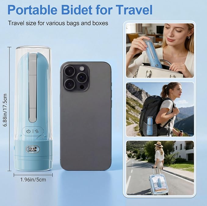 Electric Portable Bidet Toilet Aids Wiper Tool Set, SkyBlue | 2-in-1 travel hygiene kit 15.7" extended length wiping tools 1600mAh Long-lasting Battery USB-C Rechargable IPX7 Waterproof