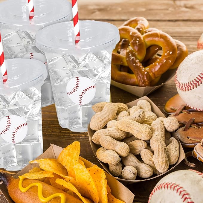 Whaline 50 Pcs Baseball Disposable Plastic Cups with Lids and Straws Red White Ball Cold Beverage Drinking Cups for Sports Theme Baseball Game Party Supplies