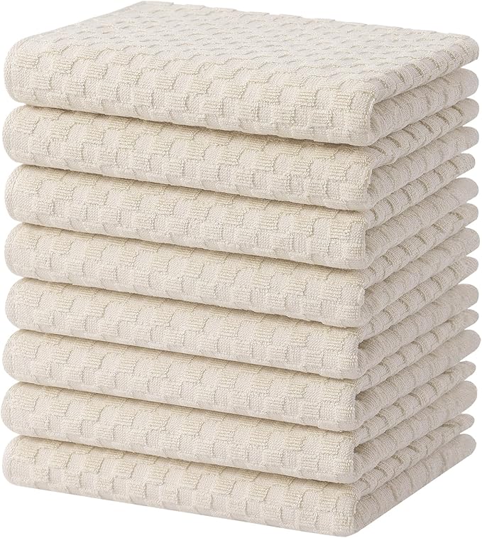 Homaxy 100% Cotton Terry Kitchen Towels(15" x 25", 8 Pack), Soft and Super Absorbent Dish Towels, 380 GSM Reusable Tea Towel with Hanging Loop, Pineapple Grid Designed, Beige
