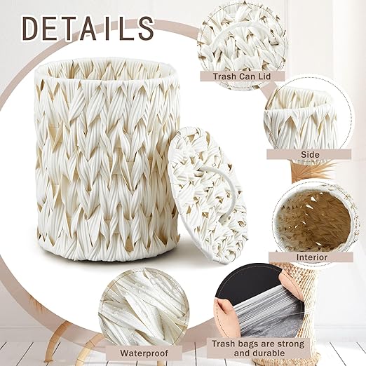 Ctosree 1.3 Gallons Small Trash Can with Lid Handle Boho Woven Braided Bathroom Waste Basket Trash Can with 100 Garbage Bags for Bedroom Office Laundry(Braided Polypropylene, Cream White)