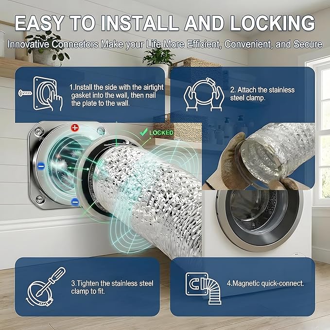 Magnetic Dryer Vent Connector Kit, Quick-Connect 4 Inch Dryer Vent for Tight Laundry Rooms, Save Up to 3–6 Inches of Space, Strong Magnetic Hold, Airtight Seal, Includes 3.3FT Aluminum Hose & 2 Clamps